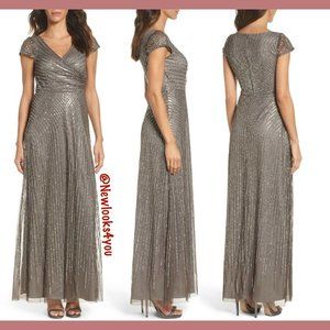 NEW‎ $299 Adrianna Papell Sequin Faux Wrap Gown in Lead [SZ 14 ]